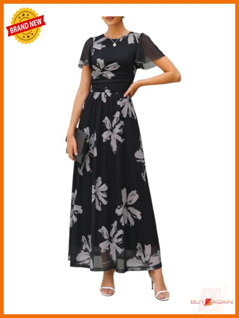 Women's Floral Mesh Maxi Dress Flutter Sleeve A-Line Sundress